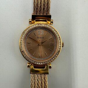 Guess Watch Women Rose Gold Tone Crystal Bezel Twisted Wire Band New Battery